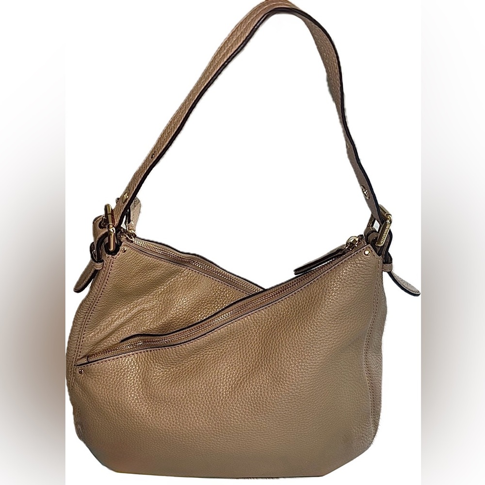 Michael Kors Lea Shoulder Bag Asymmetrical Zip 3 Compartment Tan Leather - Picture 4 of 16